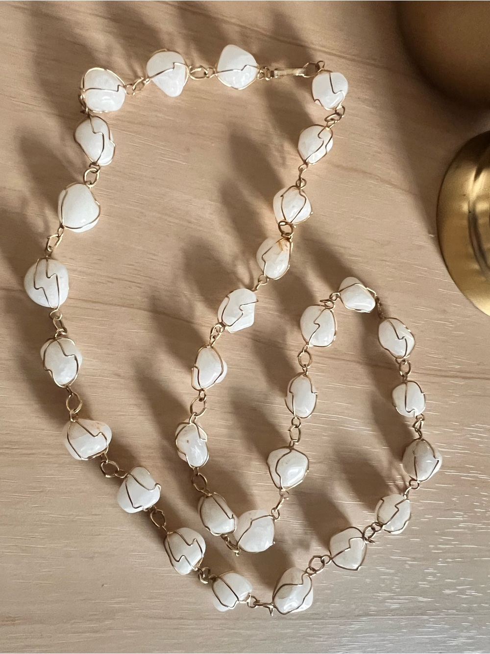 Vintage 80s Gold Caged Natural Rose Quartz Nugget Station Necklace Long
